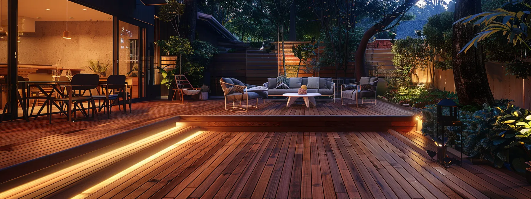 a beautifully restored wooden deck, gleaming under soft, ambient outdoor lighting, showcases rich grains and vibrant stains while adorned with elegant outdoor furniture, embodying the essence of upgraded backyard aesthetics and craftsmanship in a contemporary urban setting. a beautifully restored wooden deck, gleaming under soft, ambient outdoor lighting, showcases rich grains and vibrant stains while adorned with elegant outdoor furniture, embodying the essence of upgraded backyard aesthetics and craftsmanship in a contemporary urban setting.