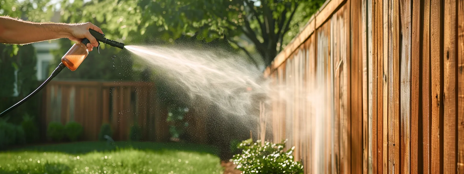 a bright and modern backyard setting features a meticulously maintained wooden fence, showcasing a homeowner gently spraying it with a garden hose while holding a bottle of sealant, emphasizing the importance of routine upkeep and curb appeal.