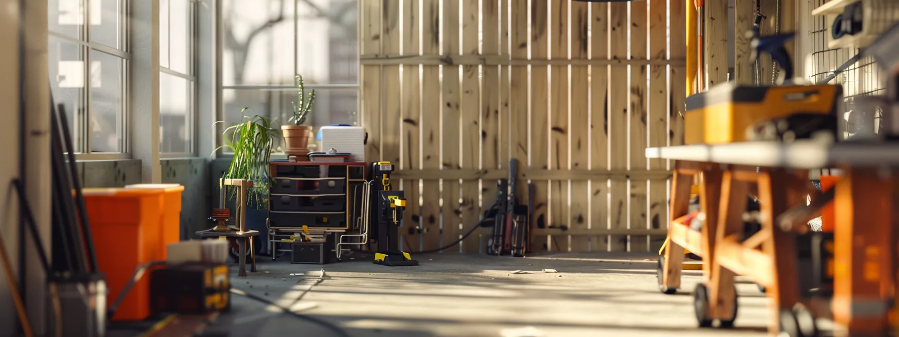 a dynamic office scene showcases a professional technician expertly cleaning a wooden fence, with distinct tools and equipment tailored for different materials displayed prominently in the background, highlighting the diverse techniques employed in fence maintenance.