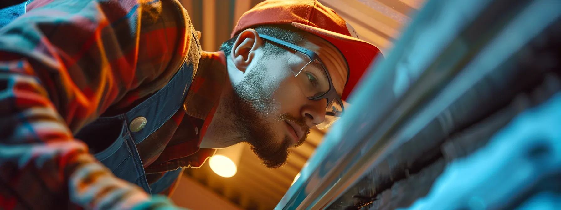 a focused indoor scene showcases a professional technician expertly examining a residential gutter, highlighting clear issues like clogs and leaks with tools and equipment strategically placed around, emphasizing the importance of timely maintenance and the effectiveness of gutter guards.