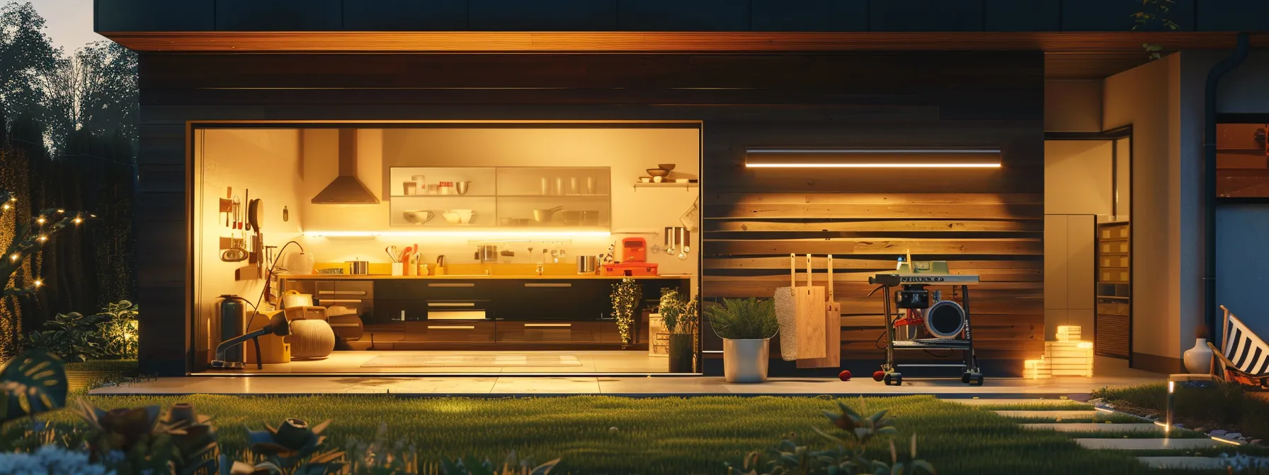 a modern home exterior features a gleaming set of freshly cleaned gutters, with an organized tool shed nearby, showcasing professional gutter maintenance tools and equipment under warm artificial lighting, symbolizing efficiency and expertise in home upkeep.