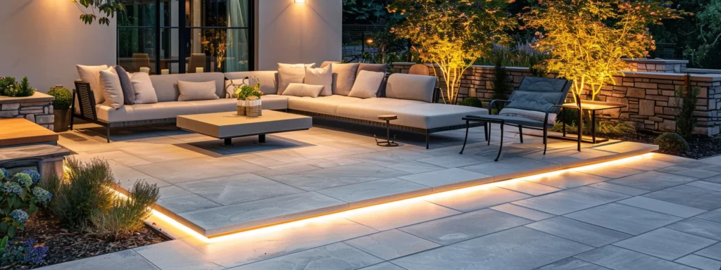 a modern outdoor patio, featuring impeccably clean and sealed pavers glistening under warm artificial lighting, surrounded by sleek contemporary furniture that invites relaxation, highlighting the transformative benefits of professional paver cleaning services.