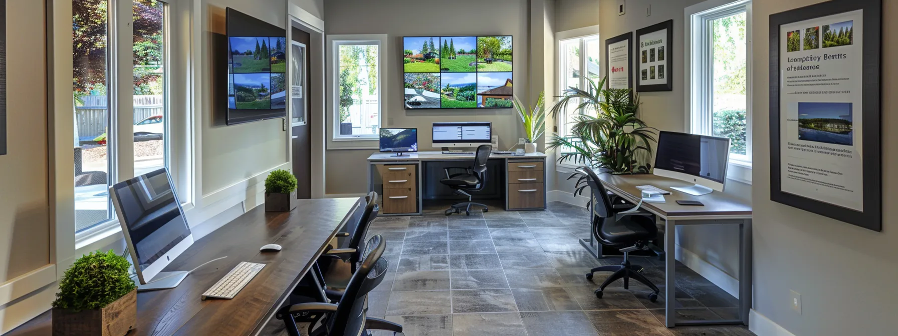 a polished office setting showcases a confident homeowner consulting with a professional gutter cleaning expert, surrounded by informative brochures and digital displays that highlight service benefits and maintenance tips.