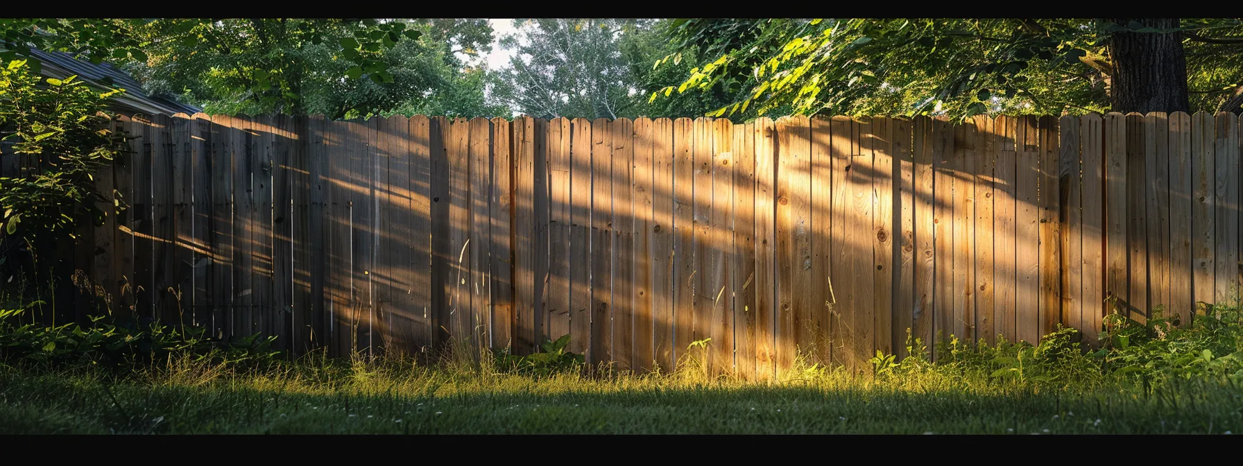 a pristine wooden fence stands tall in an urban backyard, captured with dramatic lighting that accentuates its freshly cleaned surface, showcasing its structural integrity and the stark contrast against the surrounding inviting elements of a well-maintained outdoor space.