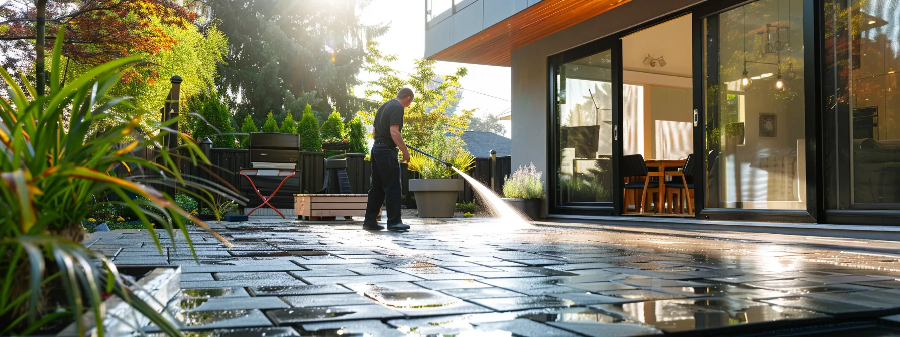 a professional contractor expertly applies a high-gloss sealer to an intricately laid brick paver patio in a modern urban backyard, showcasing the transformative effect of quality paver cleaning and sealing. a professional contractor expertly applies a high-gloss sealer to an intricately laid brick paver patio in a modern urban backyard, showcasing the transformative effect of quality paver cleaning and sealing.