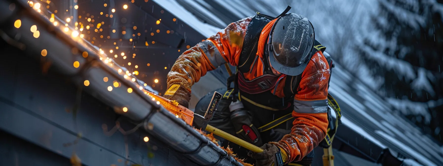 a professional gutter cleaning technician, equipped with safety gear and a ladder, skillfully utilizes a leaf blower and a gutter scoop to clear debris from a meticulously maintained urban rooftop gutter system, illuminated by focused artificial lighting to accentuate the tools at hand.