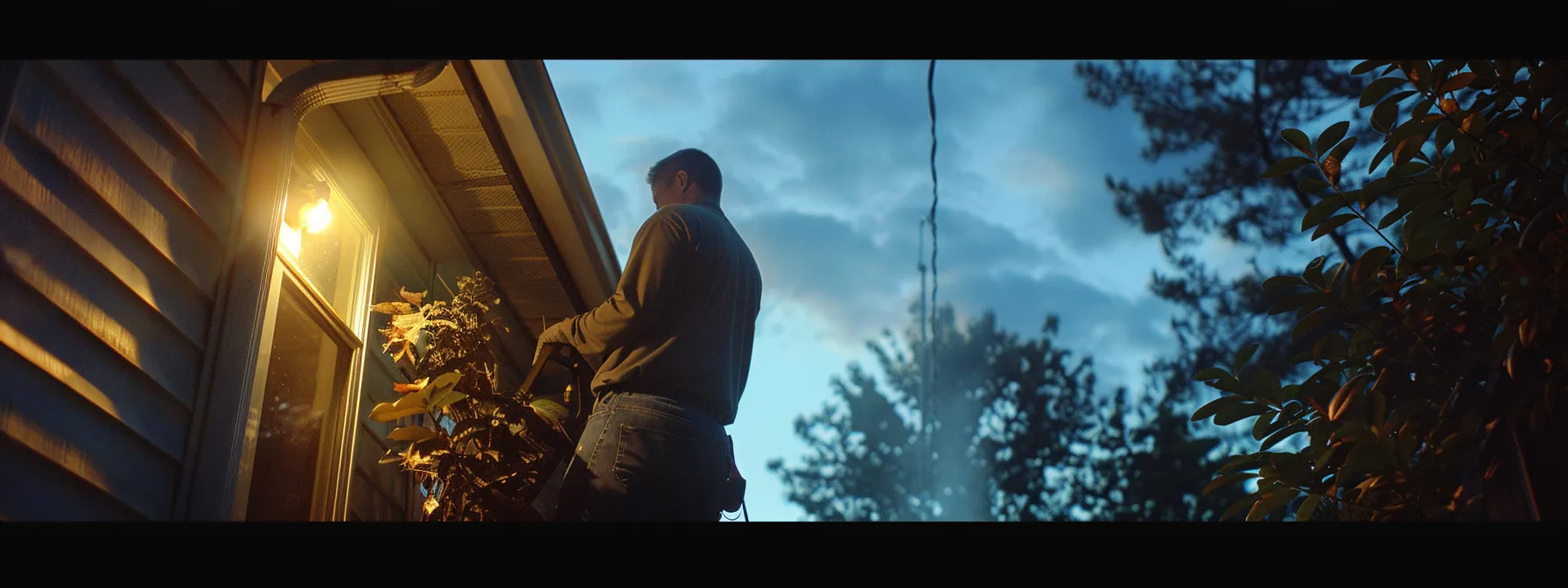 a professional gutter cleaning technician inspects and clears a residential gutter system on a suburban home, showcasing their specialized tools and safety equipment in a well-lit urban setting.