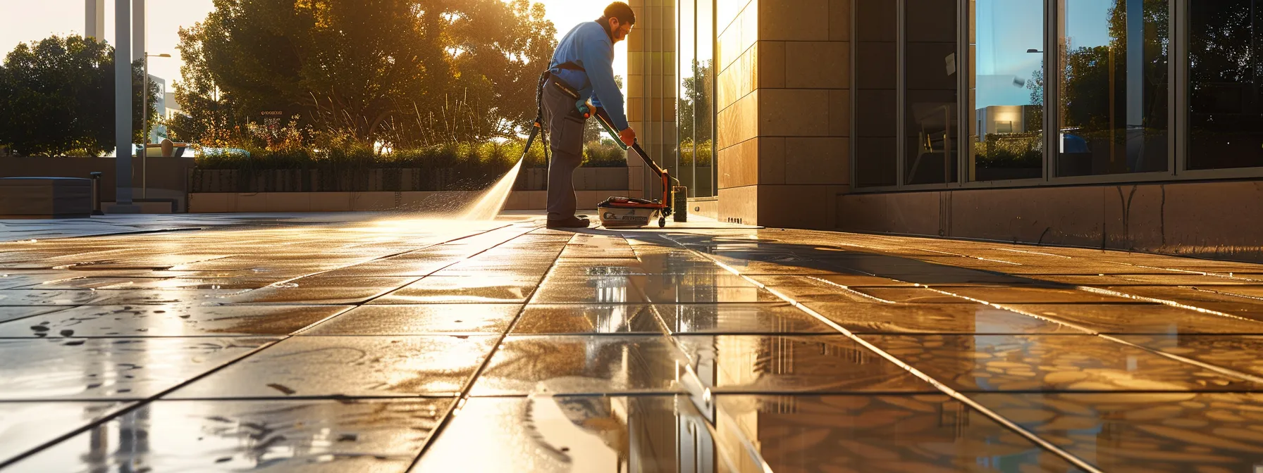a professional technician in a crisp uniform meticulously applies a glossy sealant to a freshly cleaned paver patio in a modern urban outdoor setting, showcasing the transformative effects of expert paver cleaning and sealing services. a professional technician in a crisp uniform meticulously applies a glossy sealant to a freshly cleaned paver patio in a modern urban outdoor setting, showcasing the transformative effects of expert paver cleaning and sealing services.
