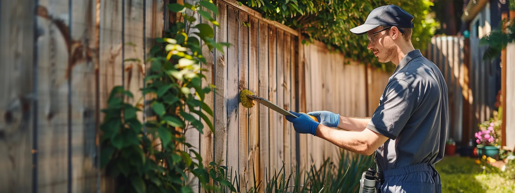 a professional technician in a modern suburban backyard carefully cleans a weathered wooden fence, with a clipboard and cleaning equipment visibly arranged nearby, highlighting the importance of selecting a reputable fence cleaning company for optimal home appeal.