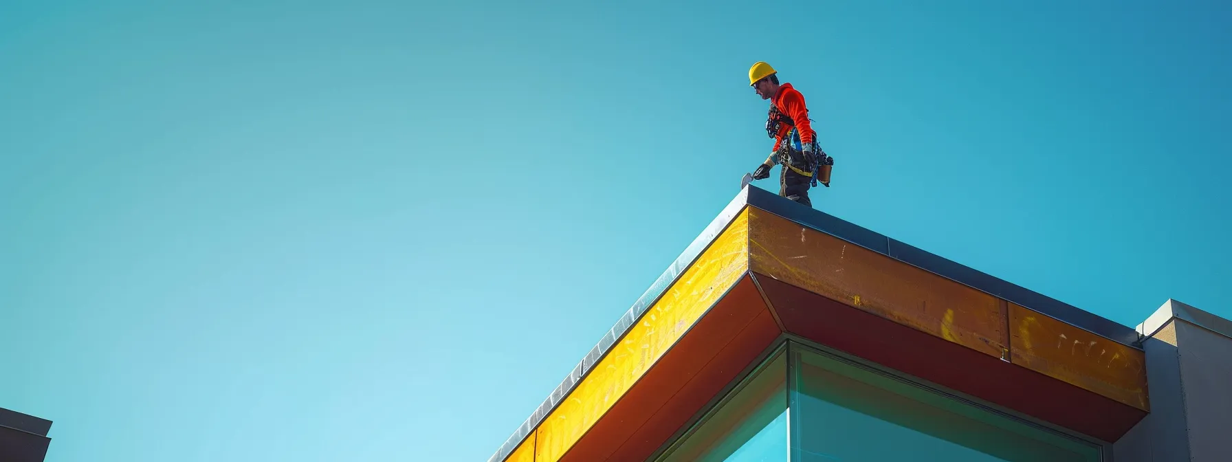 a professional technician, wearing safety gear, efficiently cleans a modern gutter system on a contemporary suburban home, showcasing advanced tools and techniques amidst a clear blue sky.