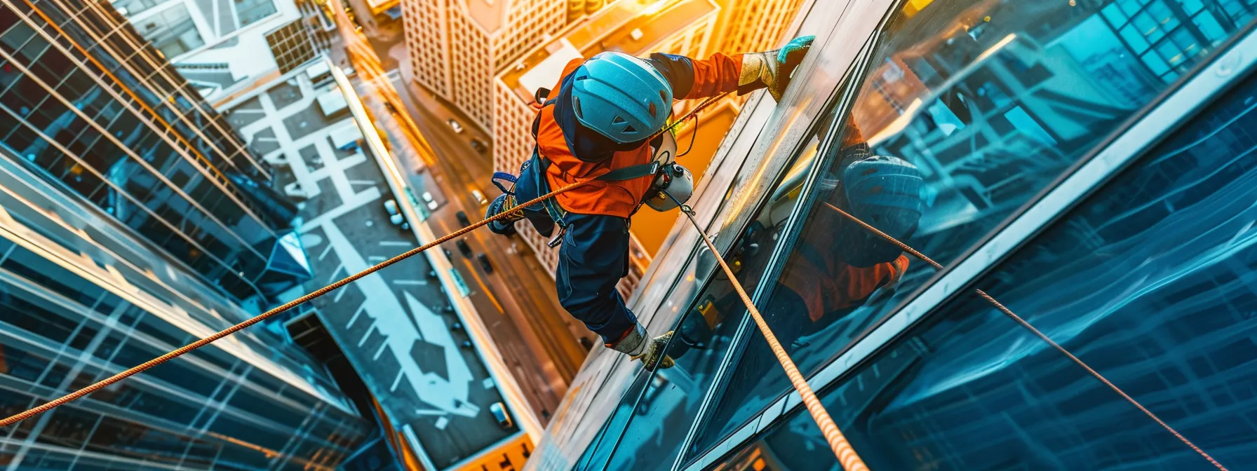 a professional window cleaner, securely harnessed and equipped with safety gear, skillfully navigates the edge of a high-rise building, showcasing the contrast between their meticulous technique and the sprawling urban backdrop below. a professional window cleaner, securely harnessed and equipped with safety gear, skillfully navigates the edge of a high-rise building, showcasing the contrast between their meticulous technique and the sprawling urban backdrop below.