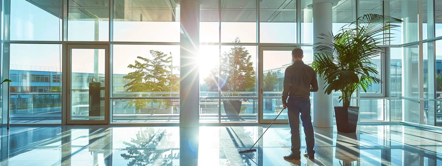 a sleek, modern office with panoramic windows showcasing a professional window cleaner in action, wielding a squeegee and focused on delivering a streak-free finish, while sunlight floods the interior, highlighting the clean and bright environment. a sleek, modern office with panoramic windows showcasing a professional window cleaner in action, wielding a squeegee and focused on delivering a streak-free finish, while sunlight floods the interior, highlighting the clean and bright environment.