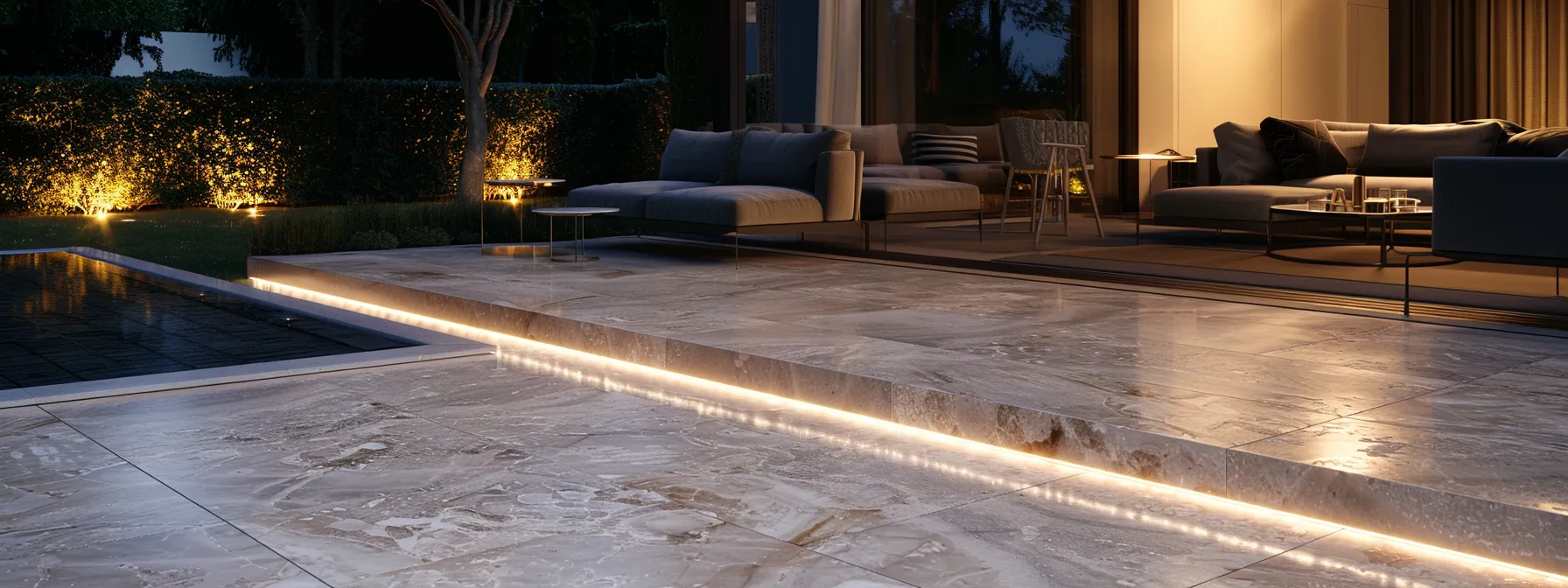 a sleek, modern outdoor patio with freshly cleaned and sealed pavers glistening under soft, ambient outdoor lighting, showcasing the pristine finish and inviting appeal of well-maintained surfaces. a sleek, modern outdoor patio with freshly cleaned and sealed pavers glistening under soft, ambient outdoor lighting, showcasing the pristine finish and inviting appeal of well-maintained surfaces.