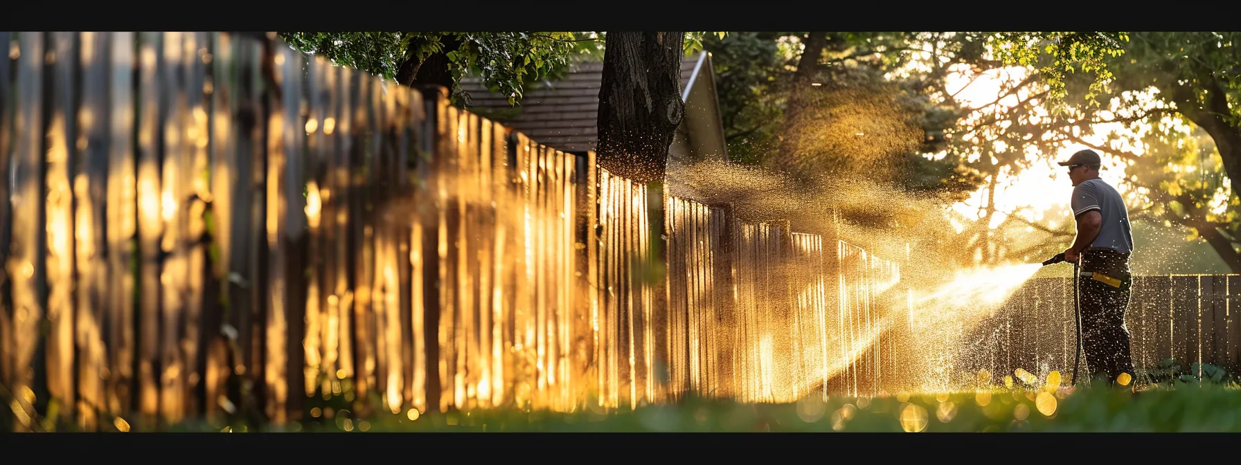 an experienced technician meticulously cleans a wooden fence in a well-maintained backyard, showcasing the transformation with vivid contrast between the freshly washed, gleaming surface and the remaining dirt, all under bright, focused artificial lighting to highlight the cleaning process.