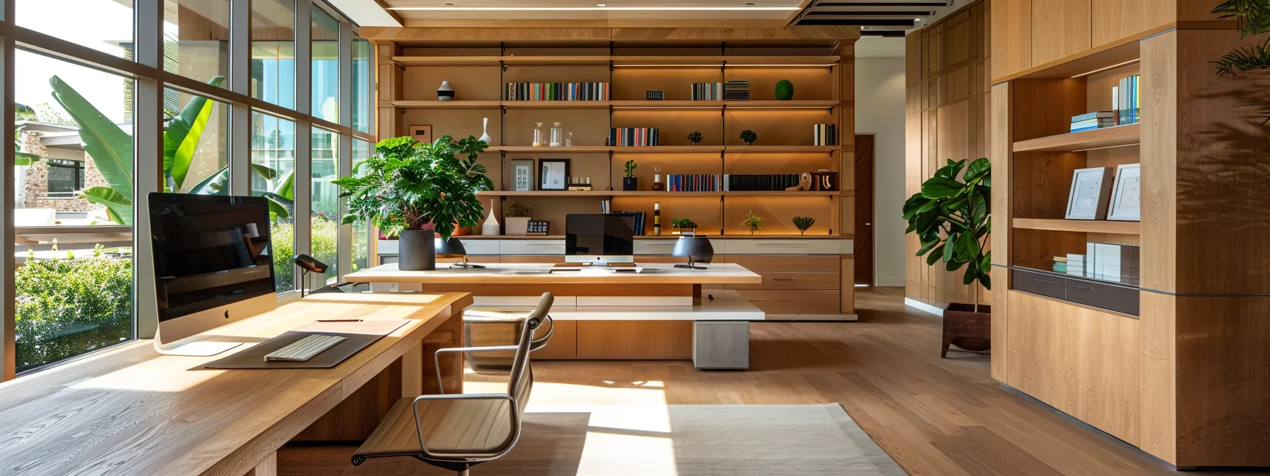 a professional interior workspace showcases a pristine cedar desk and shelving, emphasizing sustainable design principles with clean lines and contemporary décor that exudes a commitment to environmental stewardship. a professional interior workspace showcases a pristine cedar desk and shelving, emphasizing sustainable design principles with clean lines and contemporary décor that exudes a commitment to environmental stewardship.