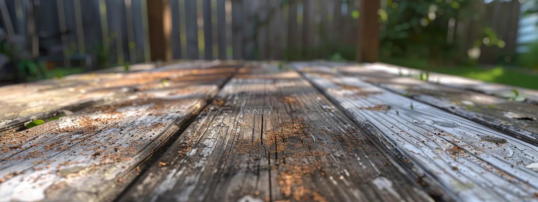 a close-up of an aging wooden deck showcasing signs of wear and deterioration, captured in a well-lit urban backyard, emphasizing the importance of professional restoration for safety and maintenance. a close-up of an aging wooden deck showcasing signs of wear and deterioration, captured in a well-lit urban backyard, emphasizing the importance of professional restoration for safety and maintenance.