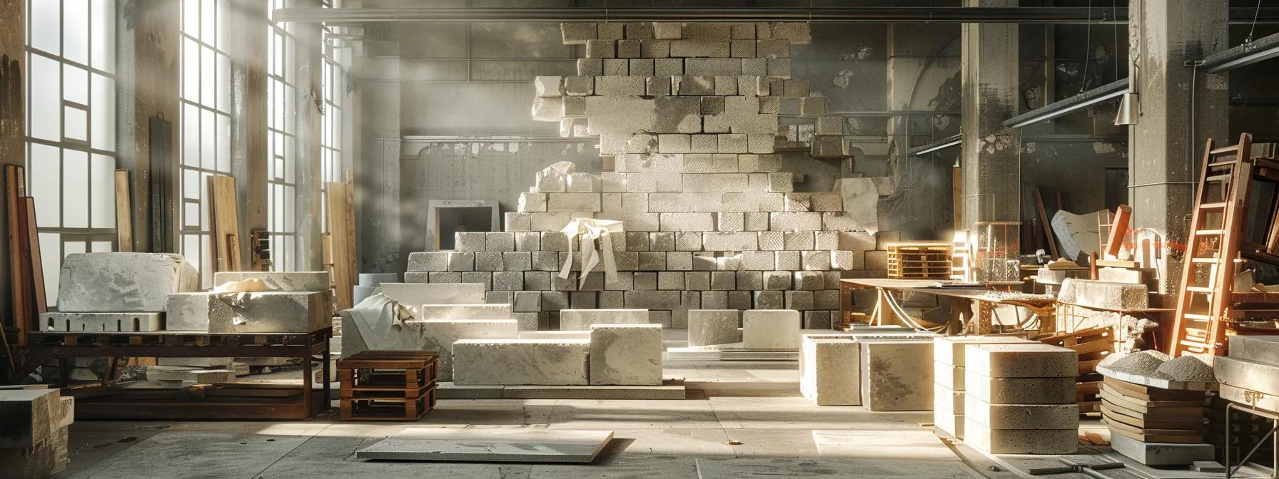 a contemporary workshop filled with skilled masons employing advanced masonry techniques, showcasing elegant brickwork and innovative stone structures under bright artificial lighting, highlighting the blend of traditional craftsmanship and modern technology.