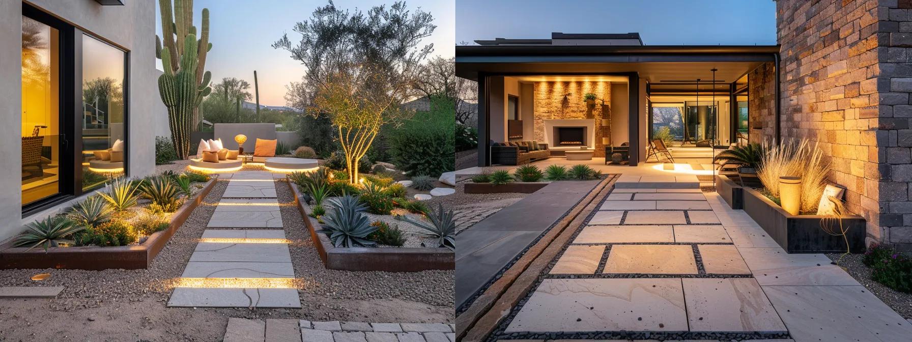 a meticulously crafted outdoor space showcases a stunning blend of expertly installed stone pathways and elegant brick facades, illuminated by soft architectural lighting that highlights the transformation and aesthetic appeal of the home's exterior.