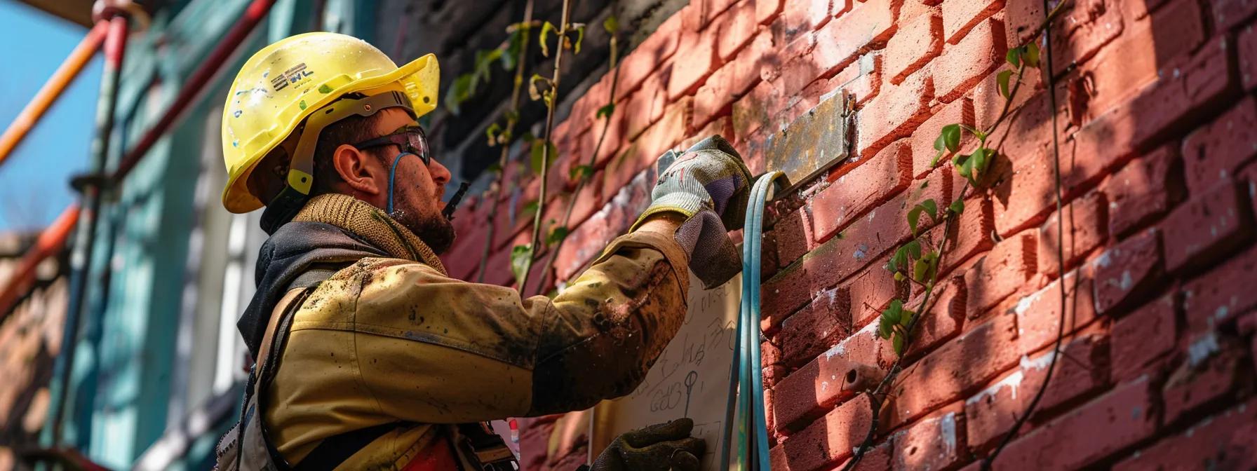 a professional masonry contractor, clad in a hard hat and safety gear, meticulously restores a vintage brick facade of a residential property, showcasing the transformation with vibrant colors and detailed craftsmanship against an urban backdrop.