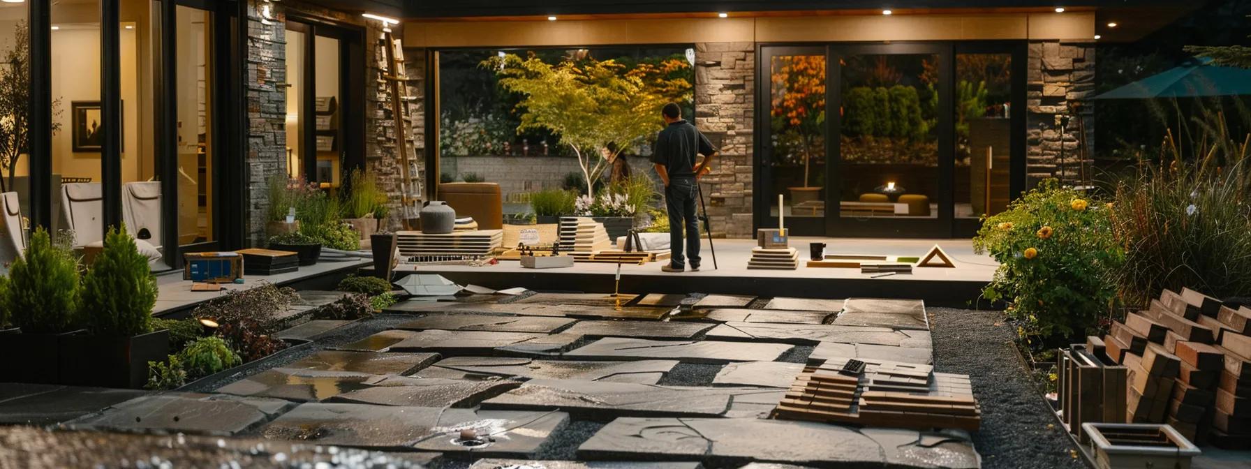 a skilled masonry contractor meticulously inspects a beautifully designed stone patio in a modern outdoor workspace, surrounded by samples of bricks and tools, showcasing their craftsmanship and attention to detail under bright, focused lighting.