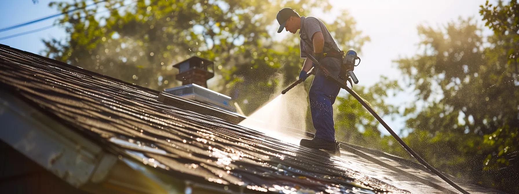 a skilled technician methodically applies a gentle, sudsy cleaning solution to a slate roof, showcasing the soft wash method in action against a backdrop of a suburban fairfield county neighborhood, emphasizing the precision and care involved in preserving roof integrity.