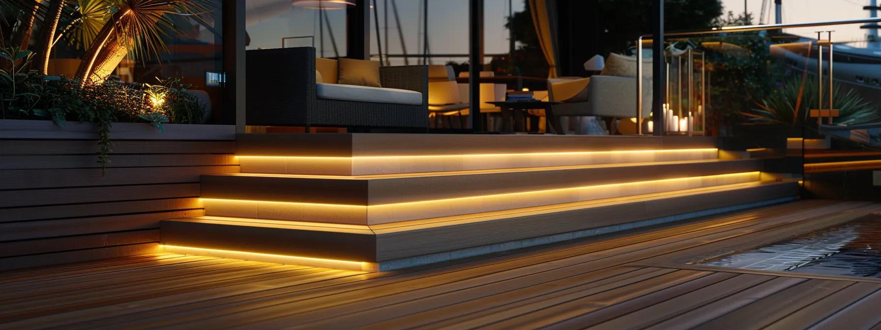 a sleek, modern outdoor deck area showcases expertly crafted composite materials and stylish safety features, illuminated by soft evening lights, highlighting the seamless blend of aesthetics and functionality in a sophisticated urban setting. deck building services