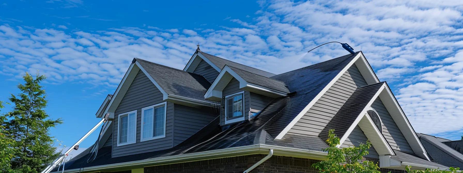 a sleek suburban home with a pristine roof being gently cleaned by professionals using low-pressure soft washing techniques, set against a bright blue sky to emphasize the importance of roof maintenance and preservation.