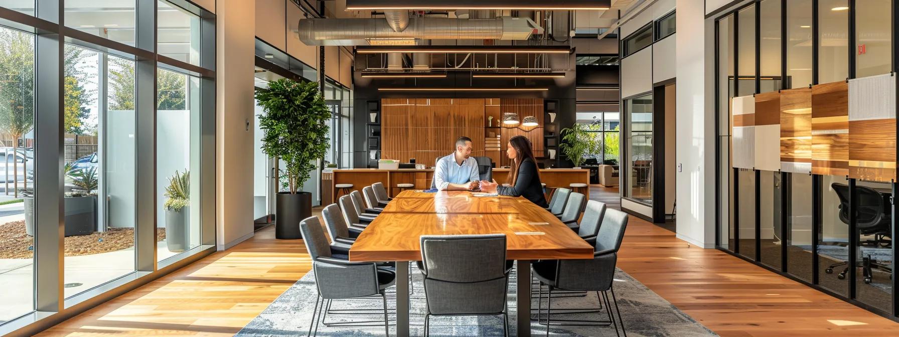 an elegantly designed office space showcases a professional deep in conversation over a sleek conference table, surrounded by samples of deck materials, highlighting the importance of choosing a qualified expert for deck restoration projects. an elegantly designed office space showcases a professional deep in conversation over a sleek conference table, surrounded by samples of deck materials, highlighting the importance of choosing a qualified expert for deck restoration projects.