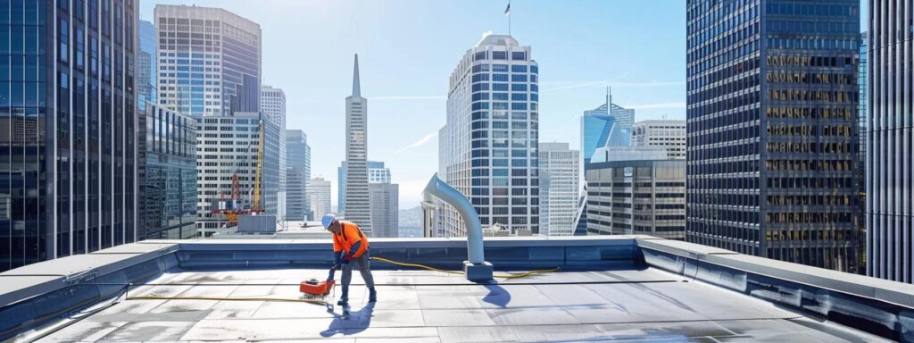 a bright, modern office space showcases a pristine roof maintenance service in action, featuring a technician skillfully cleaning a rooftop, with gleaming city skyscrapers visible in the background.