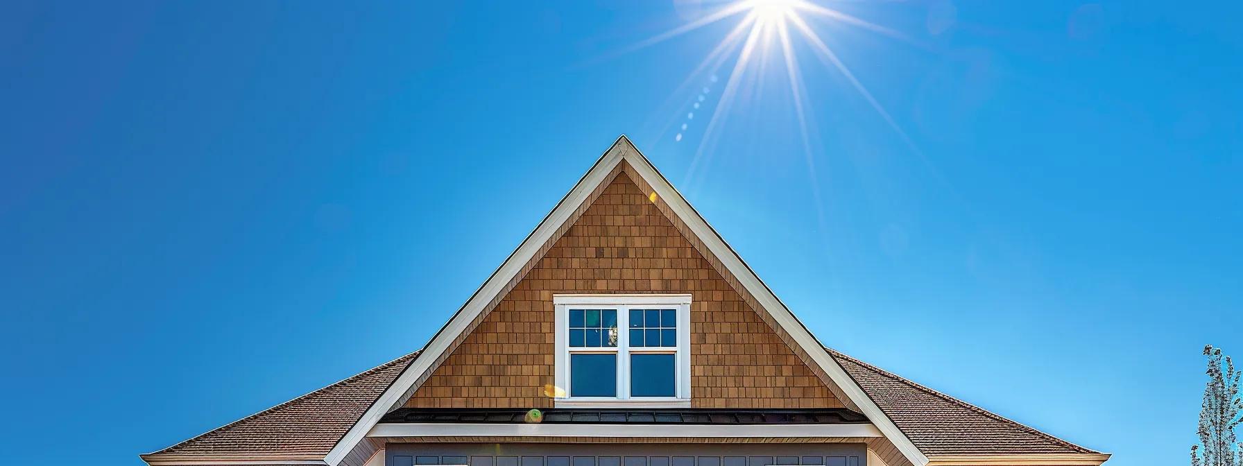 a bright, modern suburban home with a freshly cleaned roof reflecting sunlight, illustrating the contrast between the clean surface and the original algae-covered roof, set against a clear blue sky, to emphasize energy efficiency and cost-saving benefits.
