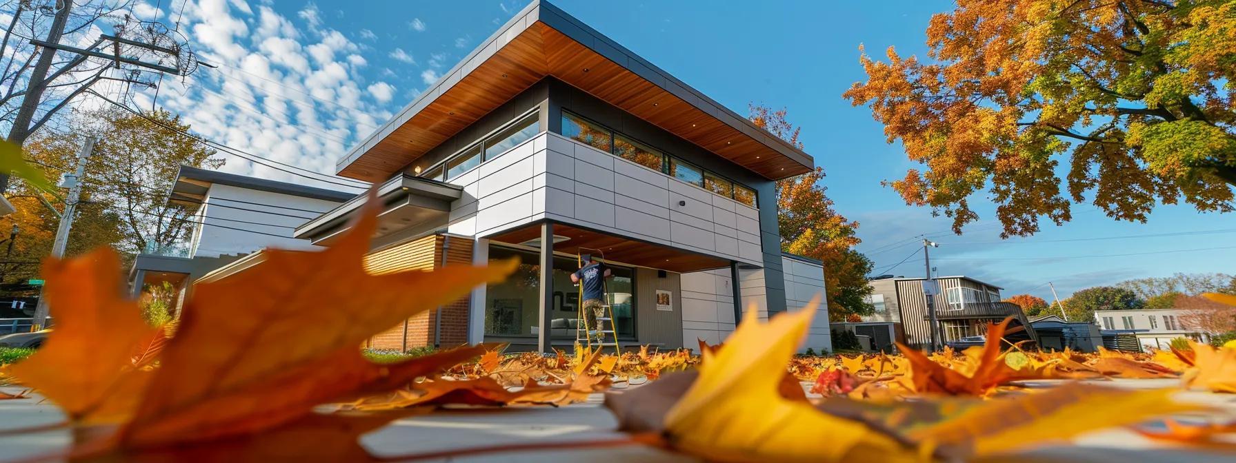 Homeowner cleaning gutters after leaf fall, preparing for winter storms. Homeowner cleaning gutters after leaf fall, preparing for winter storms.
