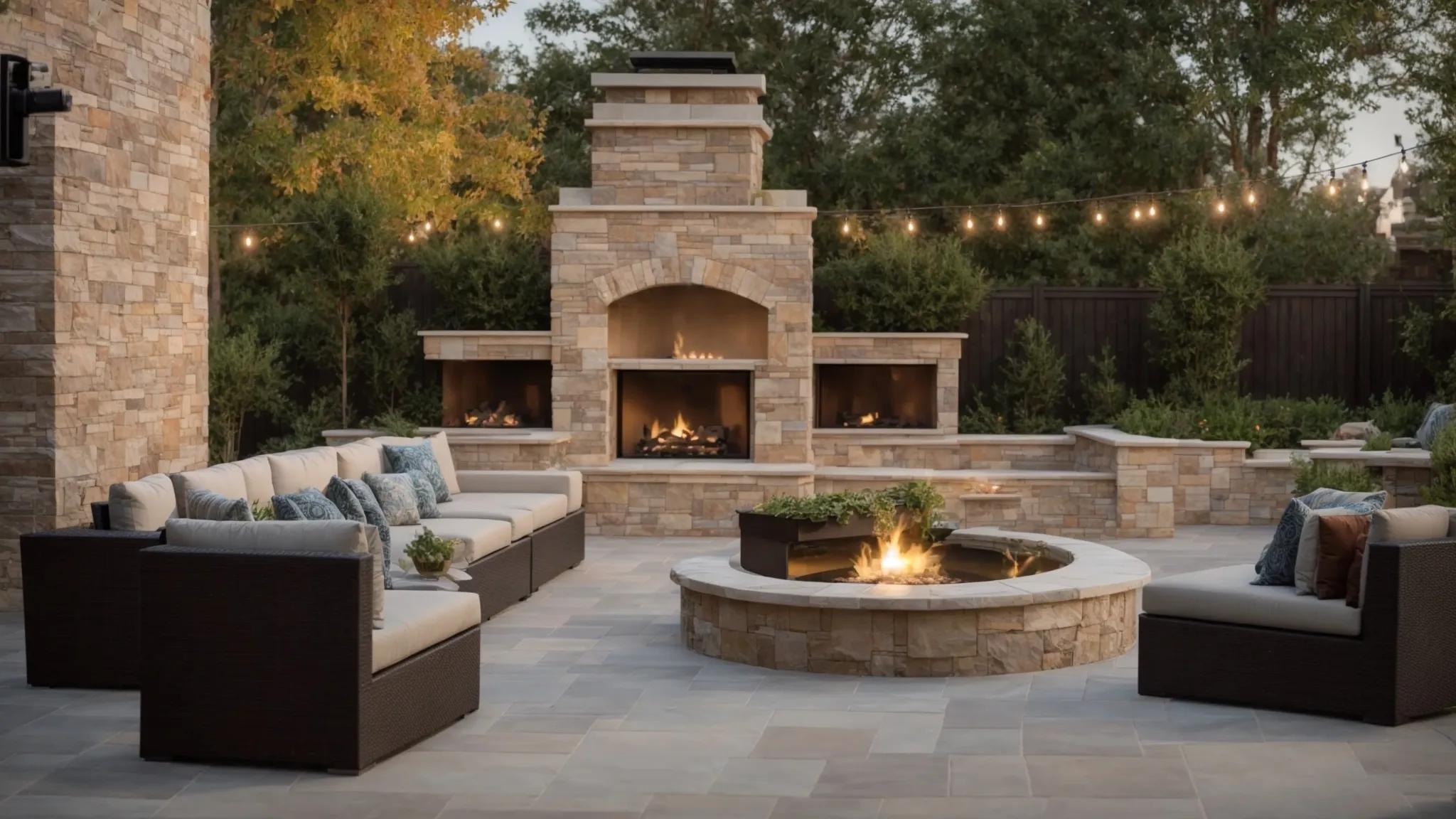 a modern outdoor living area showcases expertly crafted masonry, featuring elegant stone veneers and intricate brick walkways that create a stylish, functional space for entertaining and relaxation.