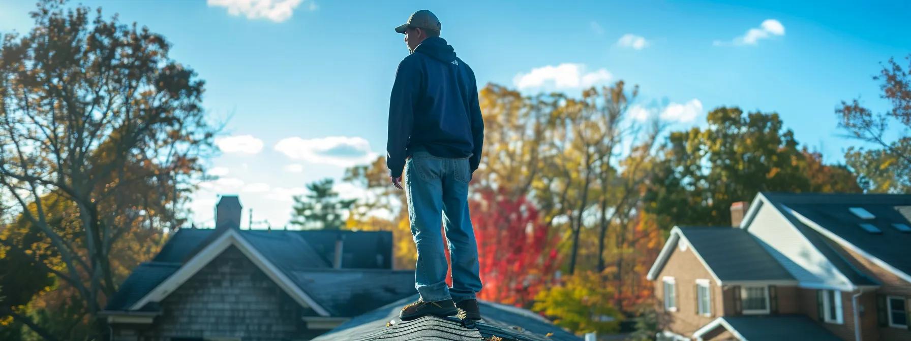 a professional roof cleaning specialist, equipped with advanced soft wash equipment, inspects a residential roof in a suburban fairfield county neighborhood, showcasing a clear blue sky and meticulously maintained homes in the background.