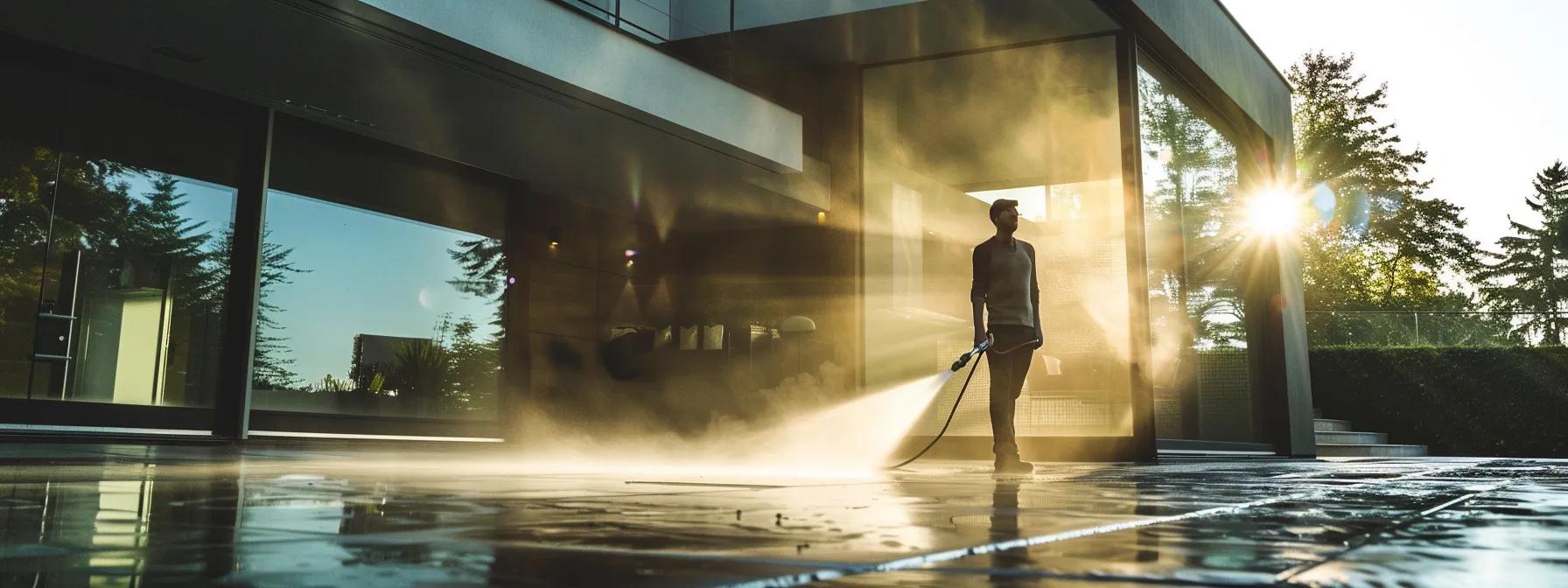 a professional technician expertly operates advanced pressure washing equipment on the pristine exterior of a modern home, showcasing the stark contrast between the freshly cleaned surfaces and the remaining grimy areas, all under bright, artificial lighting that highlights the meticulous care and precision of the service.