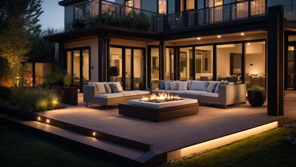 a sleek, modern backyard deck with stylish outdoor furniture under soft evening lights, showcasing the transformation from architectural blueprint to a vibrant outdoor living space, invites a sense of cozy luxury and relaxation.