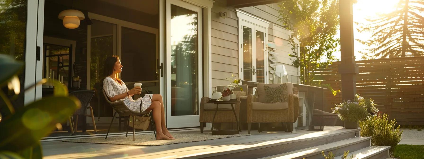 a stylish urban home with gleaming, freshly washed exterior surfaces and a relaxed homeowner sipping coffee on the porch, embodying the freedom and leisure gained from outsourcing house cleaning tasks to professionals.