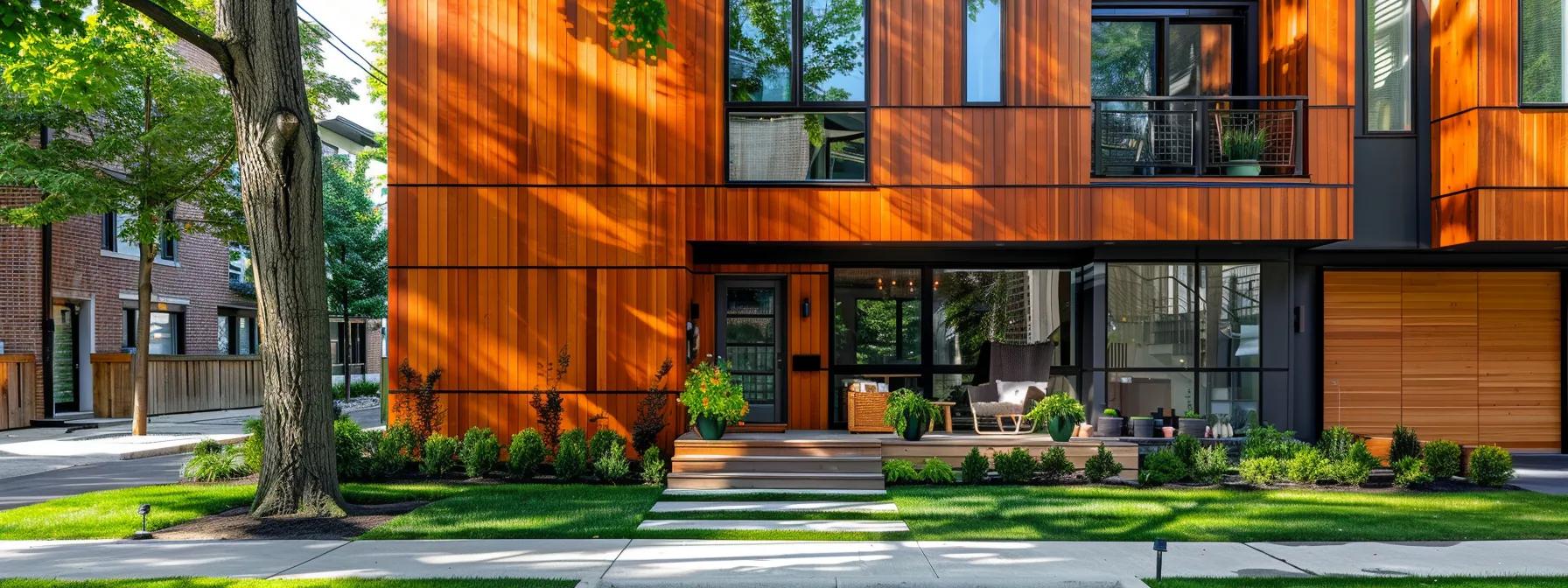 a captivating urban facade showcases a freshly restored cedar exterior, radiating warmth and richness with its vibrant grain and polished finish, dramatically enhancing curb appeal in a modern neighborhood setting. a captivating urban facade showcases a freshly restored cedar exterior, radiating warmth and richness with its vibrant grain and polished finish, dramatically enhancing curb appeal in a modern neighborhood setting.