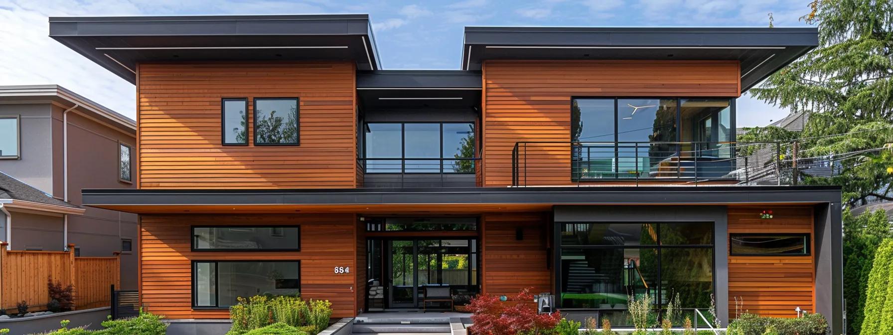 a sleek, modern urban home showcasing beautifully maintained cedar features, highlighting their rich color and texture through professional cleaning and sealing, with a focus on enhancing curb appeal in a vibrant neighborhood. a sleek, modern urban home showcasing beautifully maintained cedar features, highlighting their rich color and texture through professional cleaning and sealing, with a focus on enhancing curb appeal in a vibrant neighborhood.