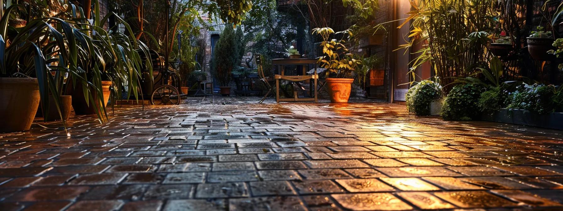 a gleaming, professionally cleaned paver patio in an urban setting, showcasing vibrant colors and impeccable detailing under bright artificial lighting, emphasizes the transformative impact of seasonal maintenance and protection against wear and tear. a gleaming, professionally cleaned paver patio in an urban setting, showcasing vibrant colors and impeccable detailing under bright artificial lighting, emphasizes the transformative impact of seasonal maintenance and protection against wear and tear.