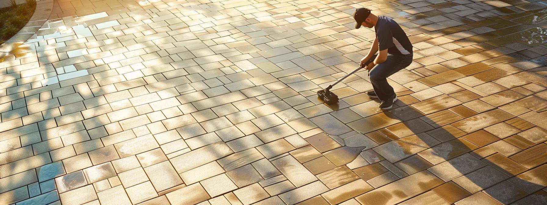 a professional technician inspects meticulously arranged pavers in a pristine urban outdoor setting while preparing equipment for a thorough cleaning and sealing appointment, highlighting precision and expertise in hardscape maintenance. a professional technician inspects meticulously arranged pavers in a pristine urban outdoor setting while preparing equipment for a thorough cleaning and sealing appointment, highlighting precision and expertise in hardscape maintenance.
