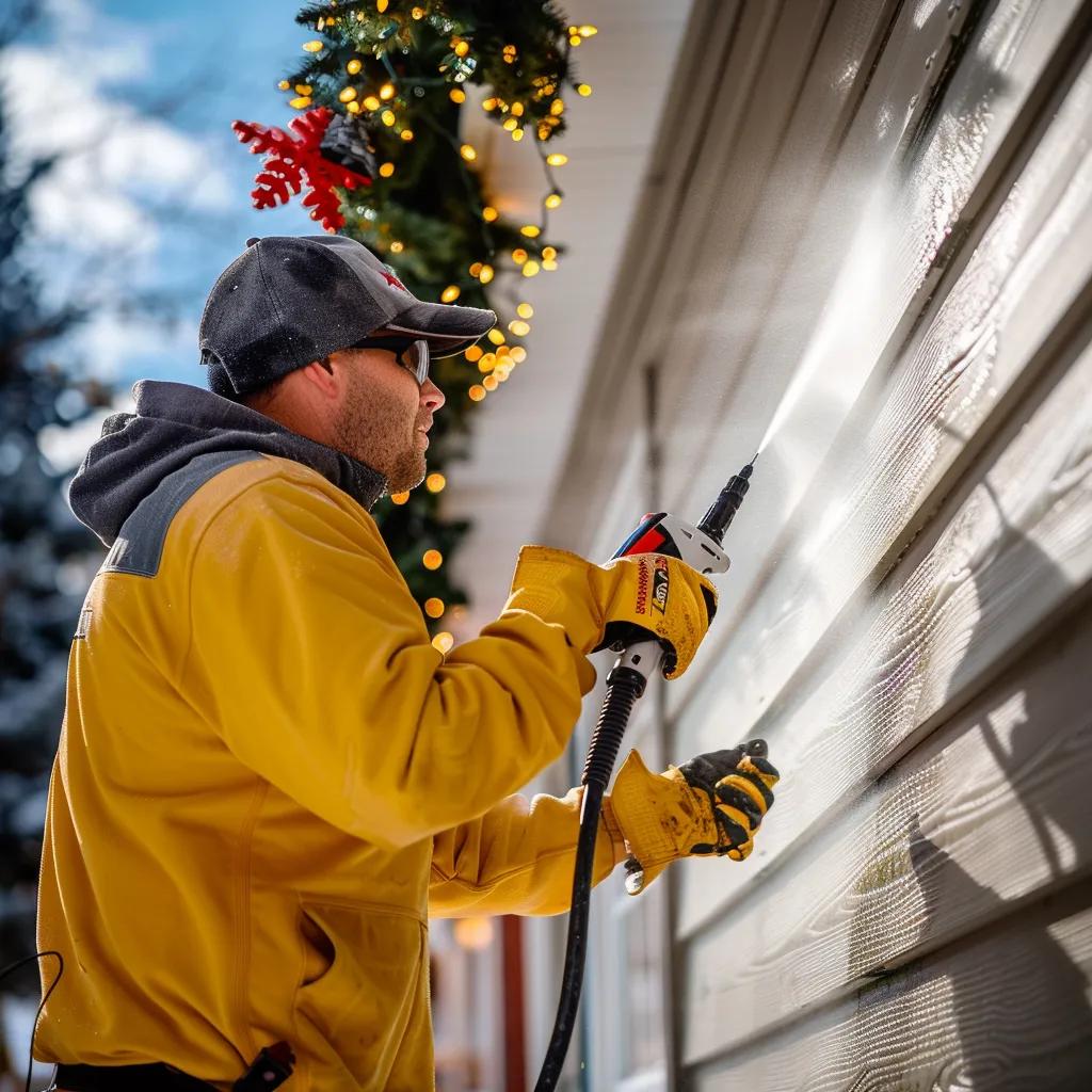 Technician pressure washing home exterior to prepare for holiday lighting installation, showcasing cleanliness