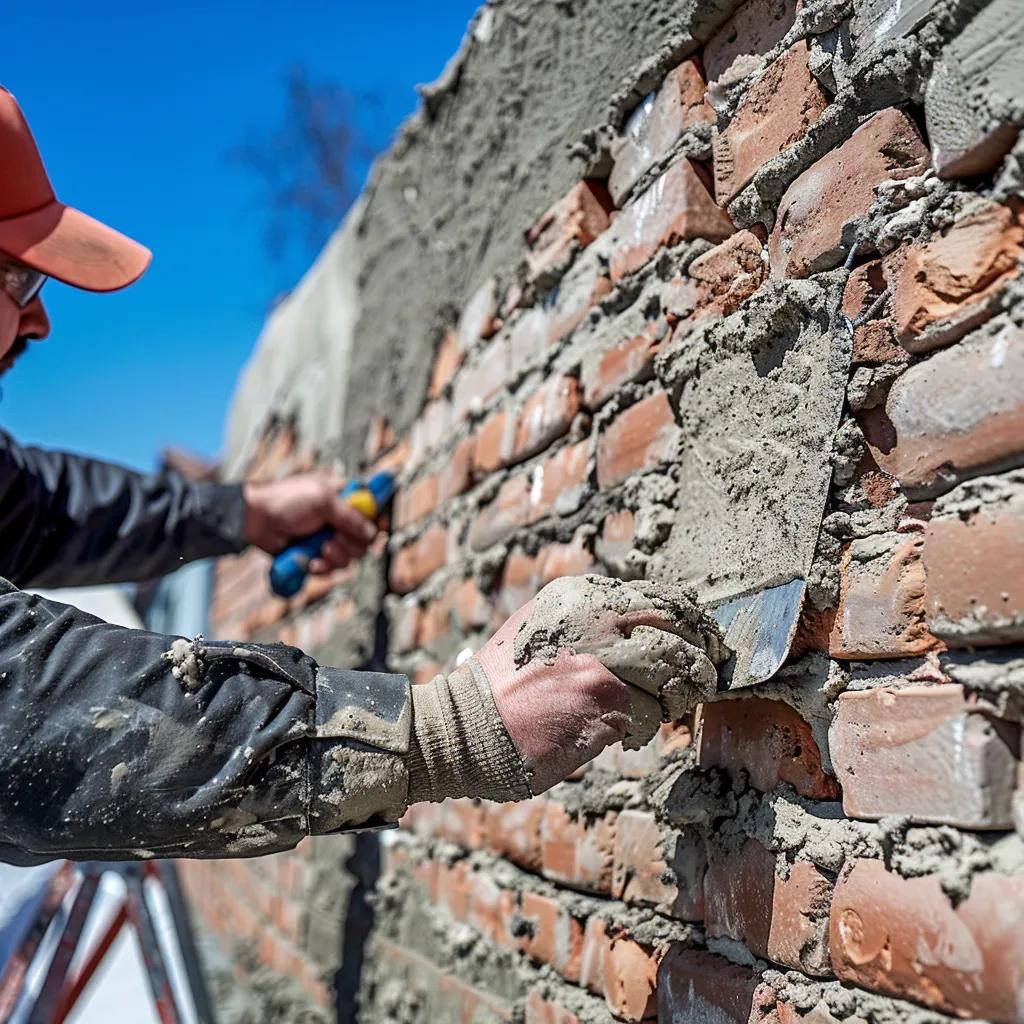 Professional masonry contractor working on a brick wall with tools, showcasing craftsmanship and masonry services