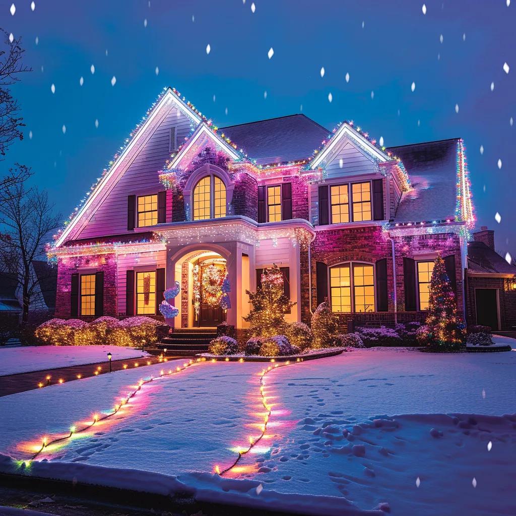 Festively decorated home with vibrant holiday lighting services showcasing a warm and inviting atmosphere
