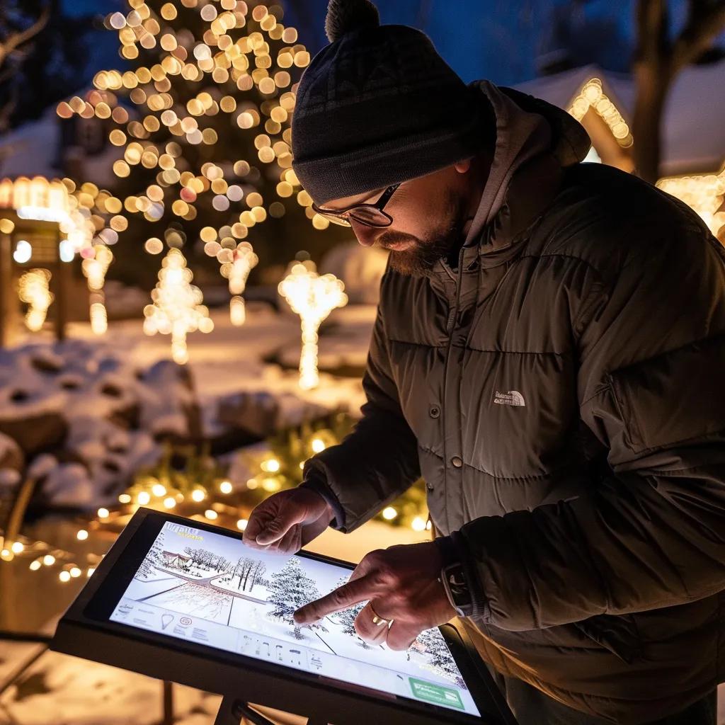 Professional installer creating a custom holiday light design with a digital mock-up and various lights