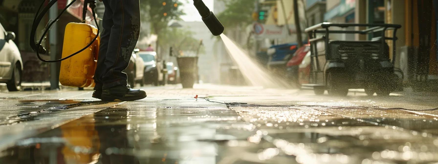 a close-up view of a bustling urban sidewalk, showcasing a worker using a high-pressure cleaner to eliminate visible algae and mold, effectively reducing slip hazards while emphasizing the importance of safety in public spaces. a close-up view of a bustling urban sidewalk, showcasing a worker using a high-pressure cleaner to eliminate visible algae and mold, effectively reducing slip hazards while emphasizing the importance of safety in public spaces.