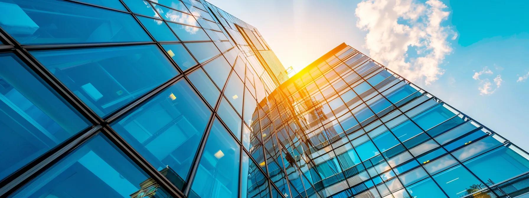a gleaming modern office building with crystal-clear windows reflecting the vibrant urban landscape, showcasing the outstanding results of professional window cleaning services.
