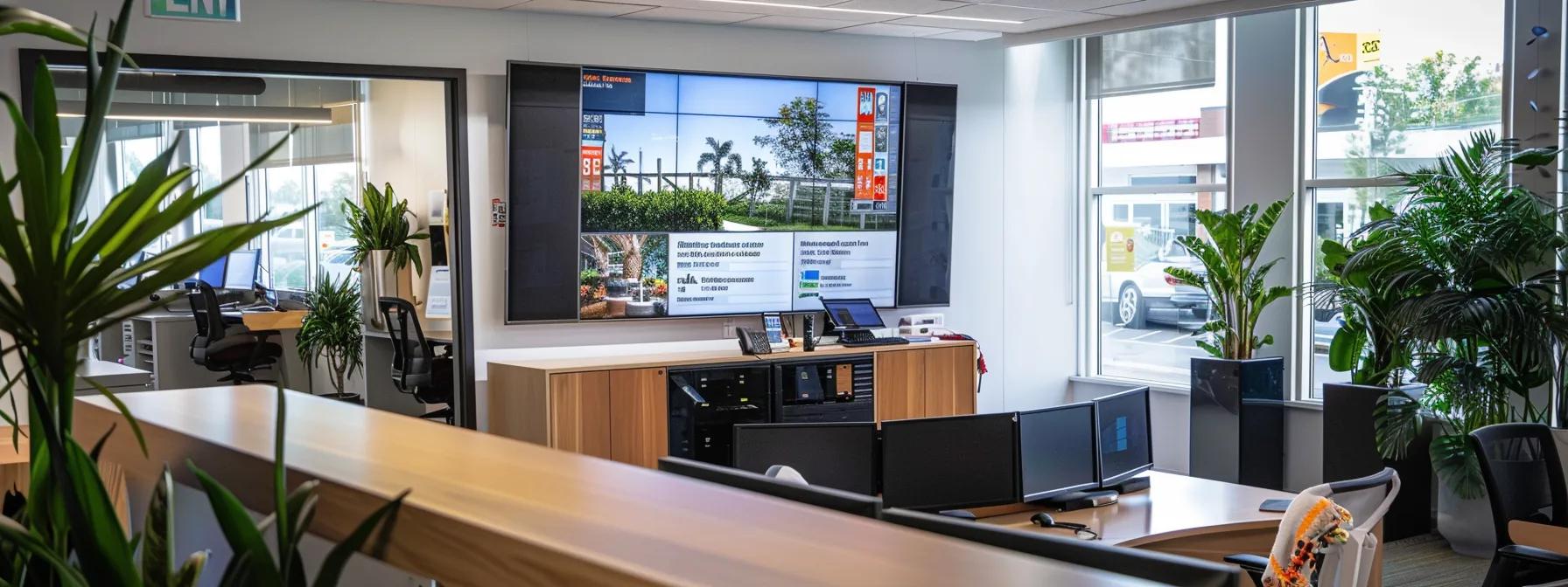 a modern, well-organized office with a large screen displaying glowing customer ratings and reviews of professional fence cleaning services, surrounded by sleek technology and inviting workspaces, conveying trust and expertise. a modern, well-organized office with a large screen displaying glowing customer ratings and reviews of professional fence cleaning services, surrounded by sleek technology and inviting workspaces, conveying trust and expertise.