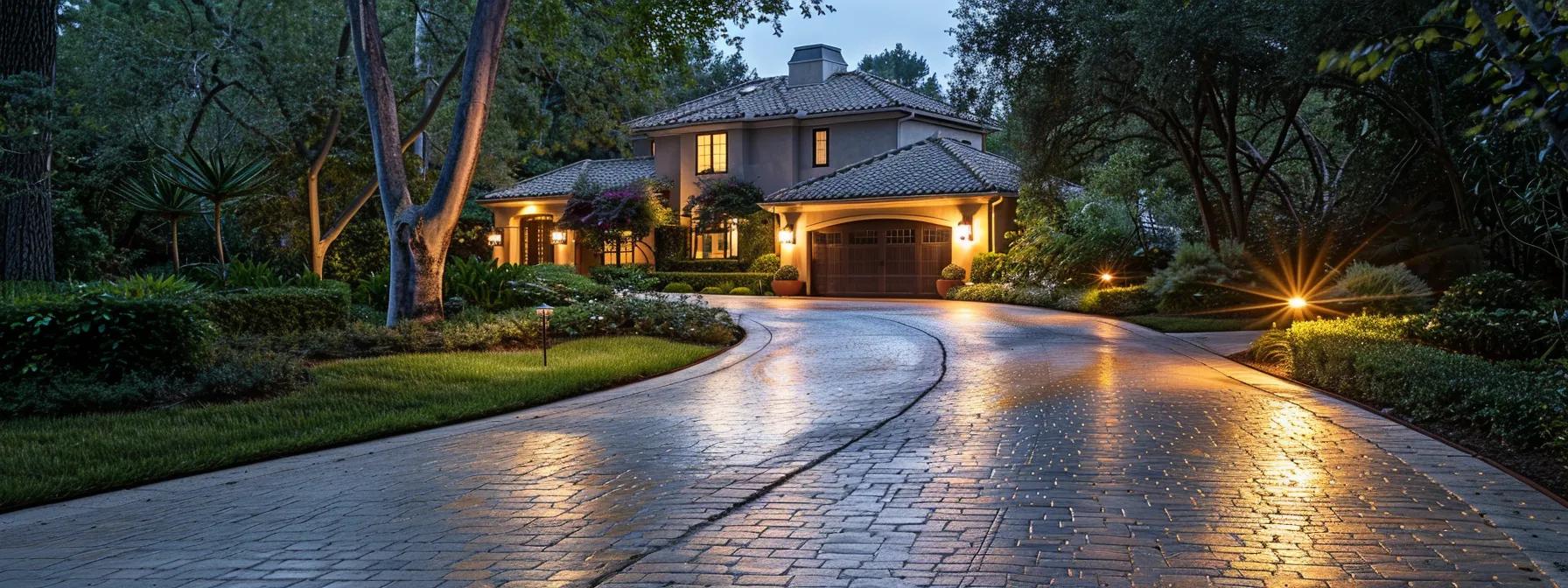 a pristine driveway glistens under soft, artificial lighting in an upscale suburban neighborhood, showcasing a beautifully maintained home that radiates allure and enhances property value. a pristine driveway glistens under soft, artificial lighting in an upscale suburban neighborhood, showcasing a beautifully maintained home that radiates allure and enhances property value.