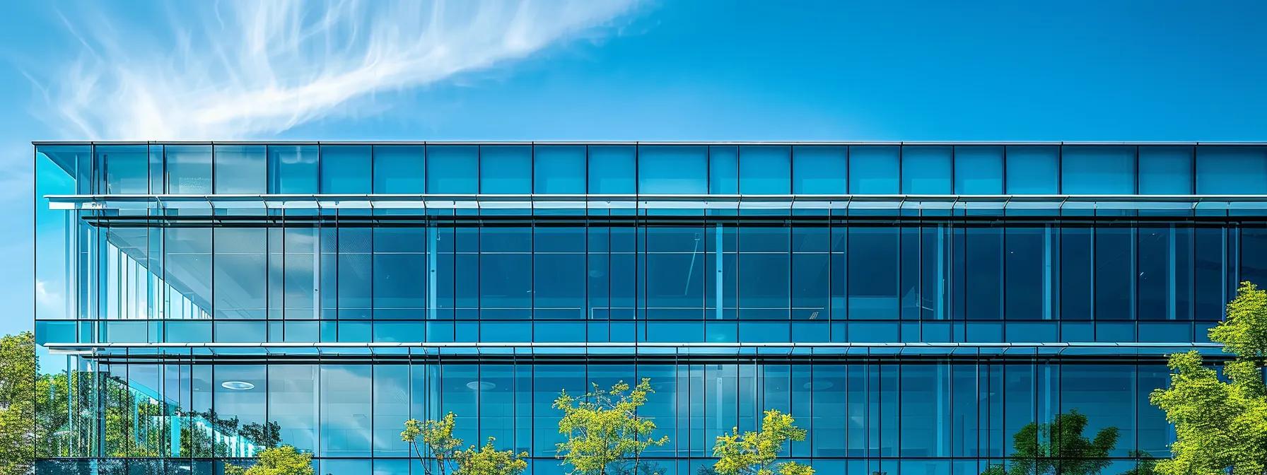 a pristine office building with sparkling, crystal-clear windows reflecting the city skyline, emphasizing the meticulous care and professionalism behind expert window cleaning services.