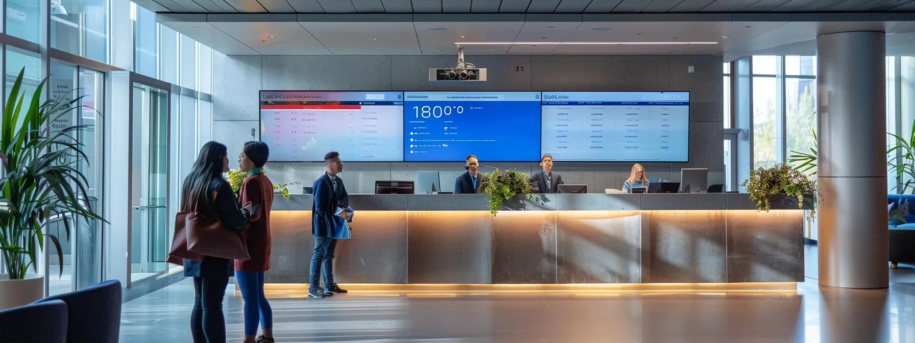 a sleek, modern office reception area showcases a digital scheduling board prominently displaying available time slots for concrete cleaning services, with a professional customer service representative engaging with a client over the phone to ensure swift arrangements. a sleek, modern office reception area showcases a digital scheduling board prominently displaying available time slots for concrete cleaning services, with a professional customer service representative engaging with a client over the phone to ensure swift arrangements.